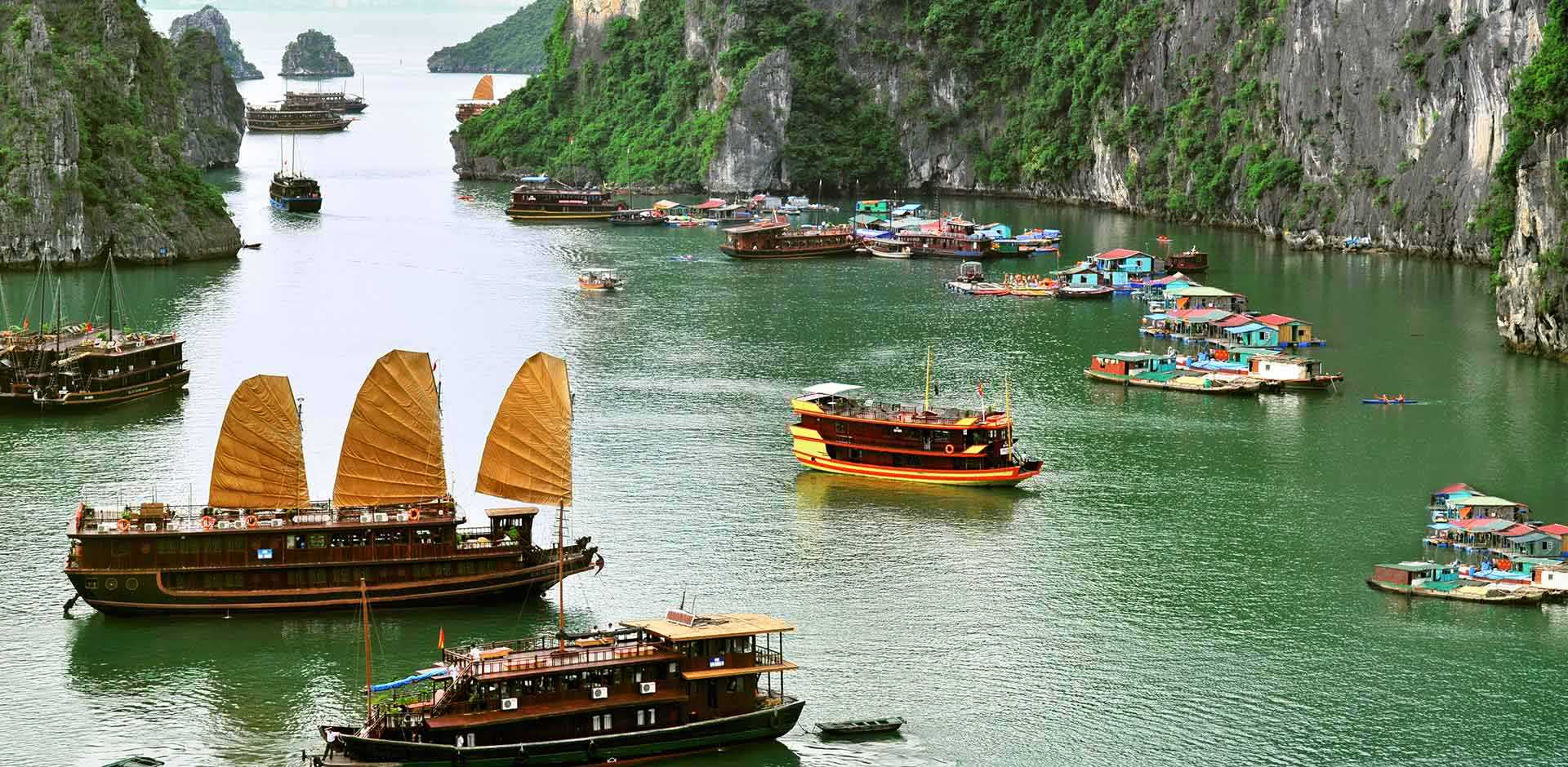 Floating village with colorful boats