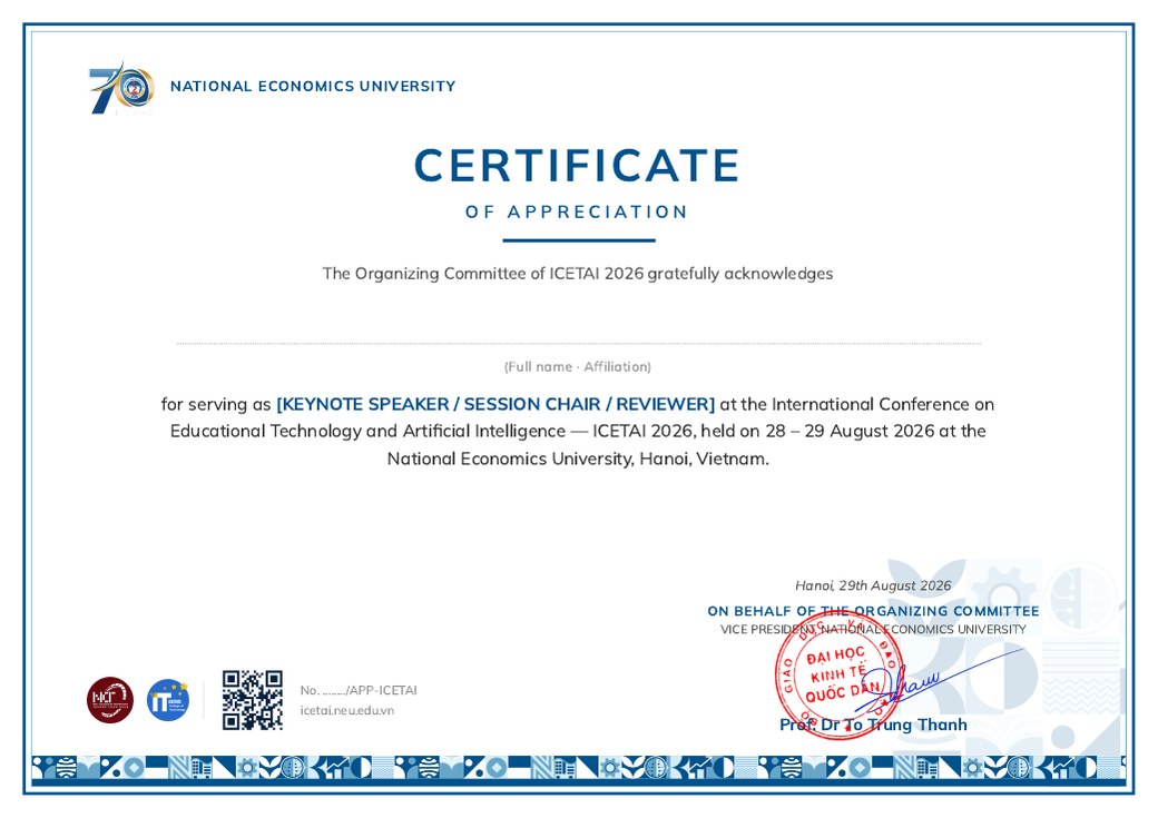 Certificate of appreciation — ICETAI 2026